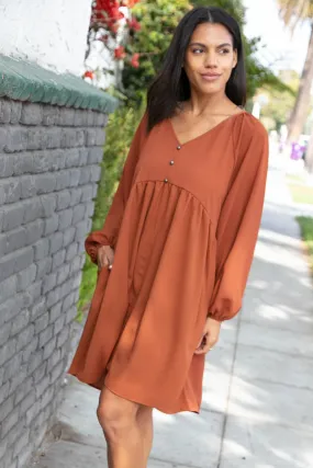 Rust Crepe V Neck Raglan Babydoll Dress