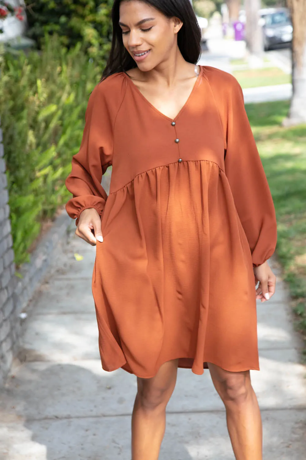 Rust Crepe V Neck Raglan Babydoll Dress