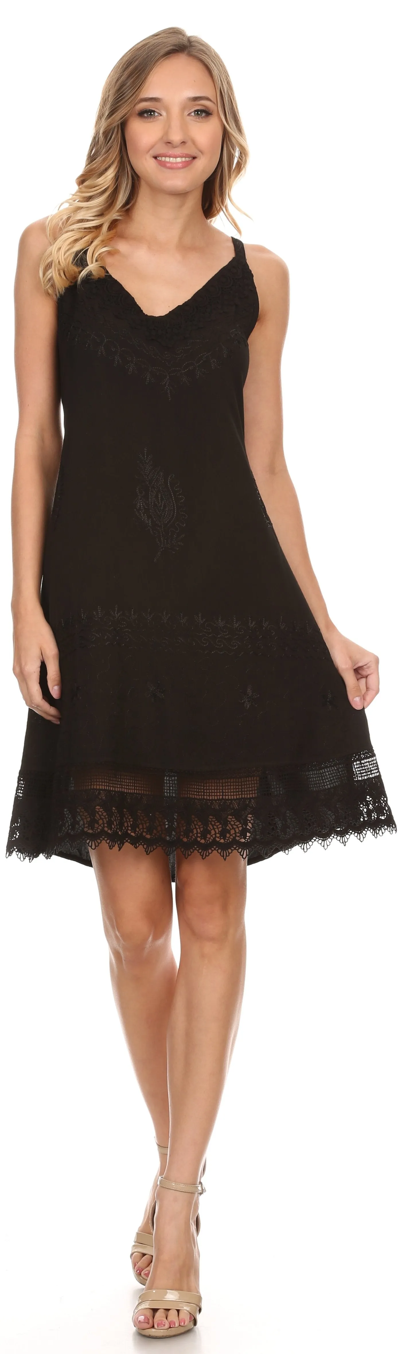 Sakkas Ameelynn Short Embroidered Batik Festival Sleeveless Spaghetti Strap Dress