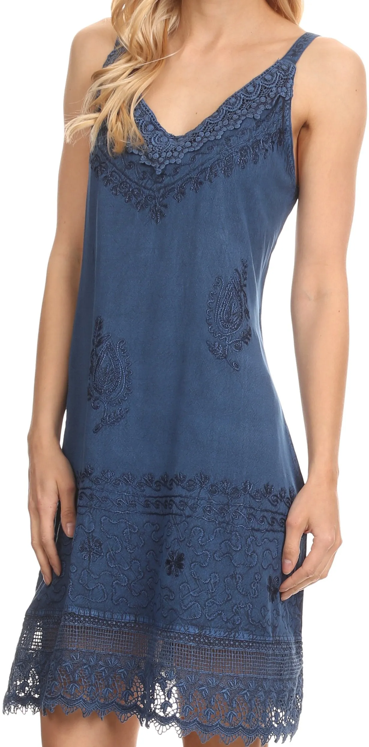 Sakkas Ameelynn Short Embroidered Batik Festival Sleeveless Spaghetti Strap Dress