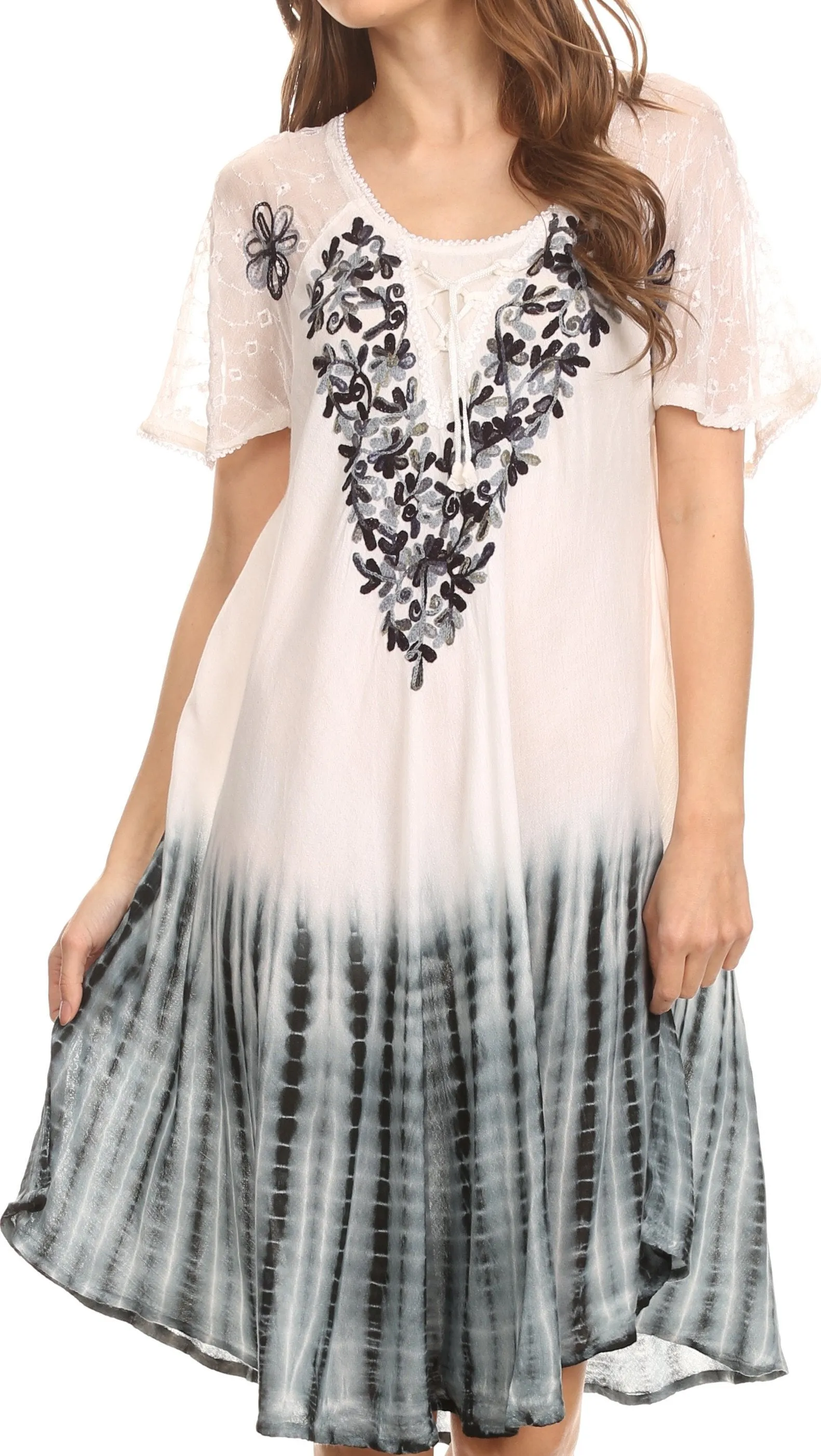 Sakkas Francea Mid Length Caftan Embroidered Cap Sleeves Dress / Cover Up