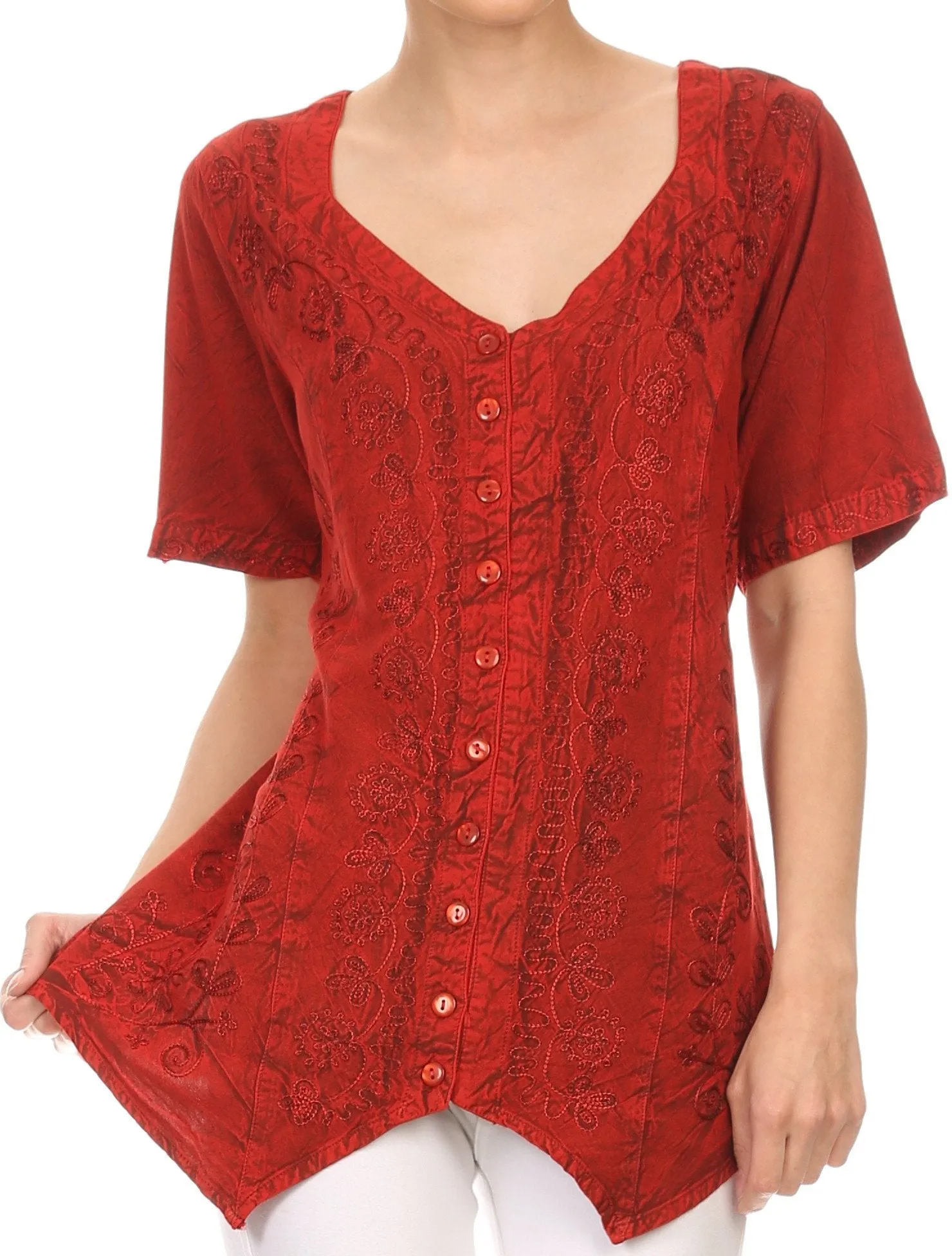 Sakkas Klaniya V Neck Button Down Embroidered Short Sleeve Light Blouse Shirt Top