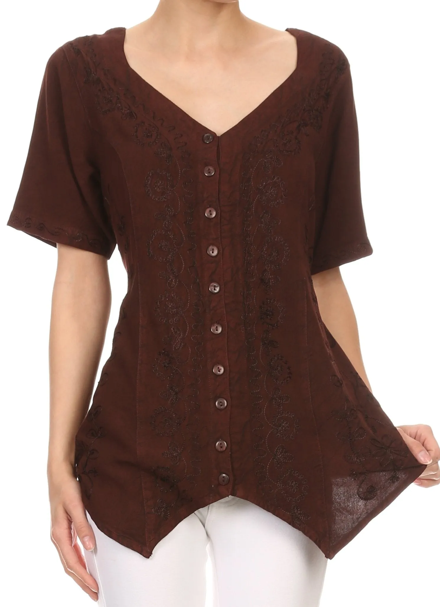 Sakkas Klaniya V Neck Button Down Embroidered Short Sleeve Light Blouse Shirt Top