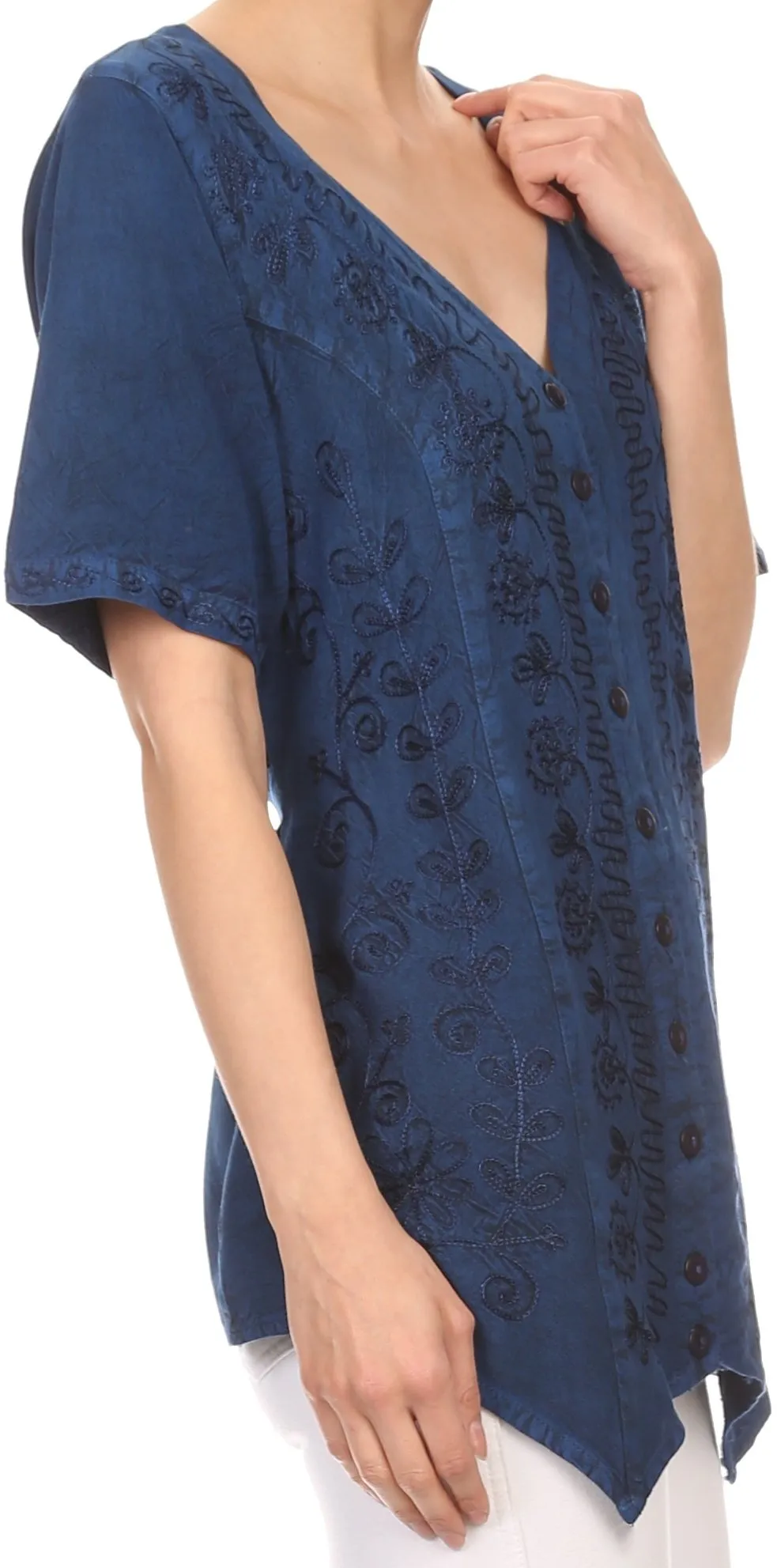 Sakkas Klaniya V Neck Button Down Embroidered Short Sleeve Light Blouse Shirt Top