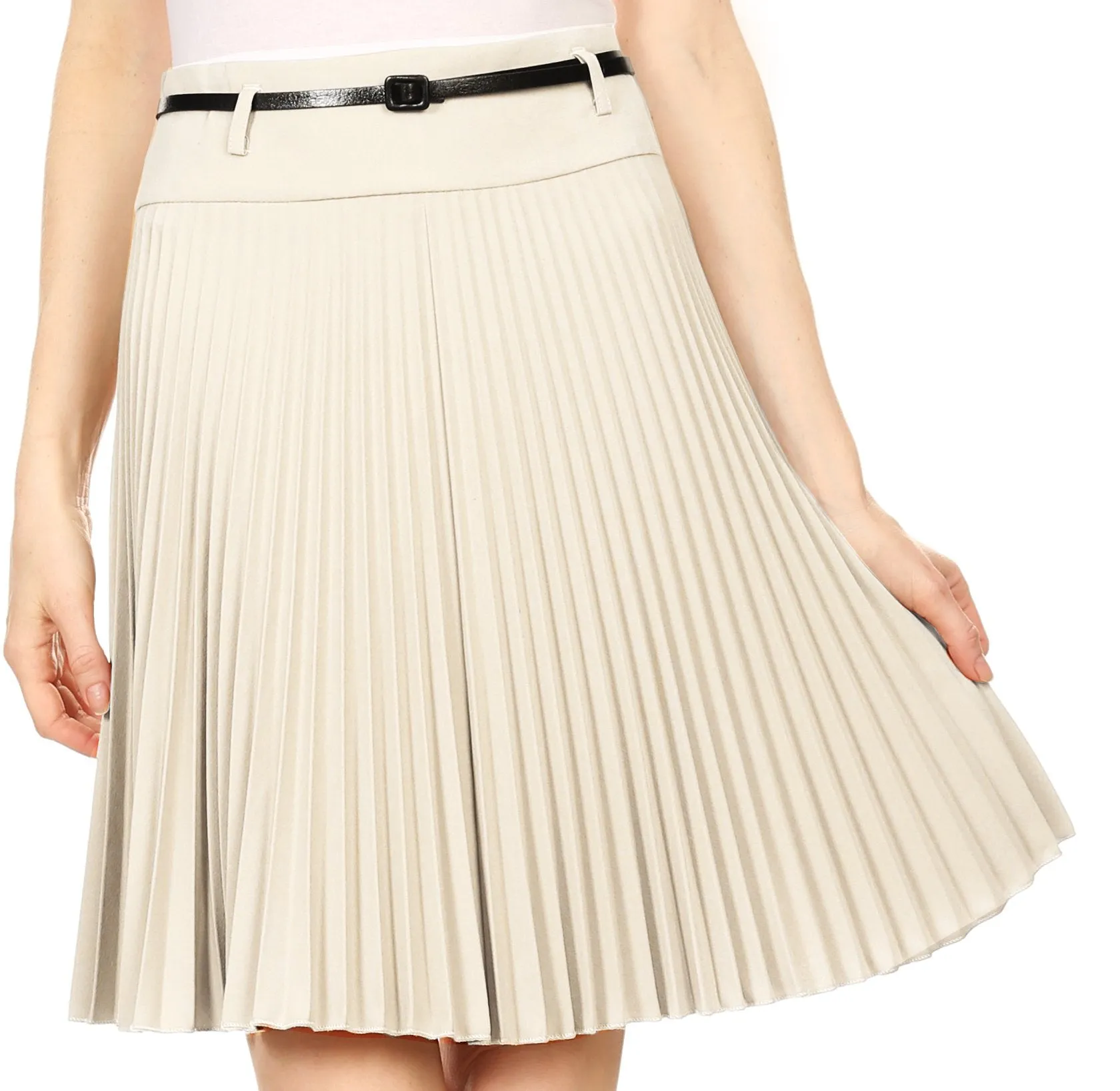 Sakkas Knee Length Pleated A-Line Skirt with Skinny Belt