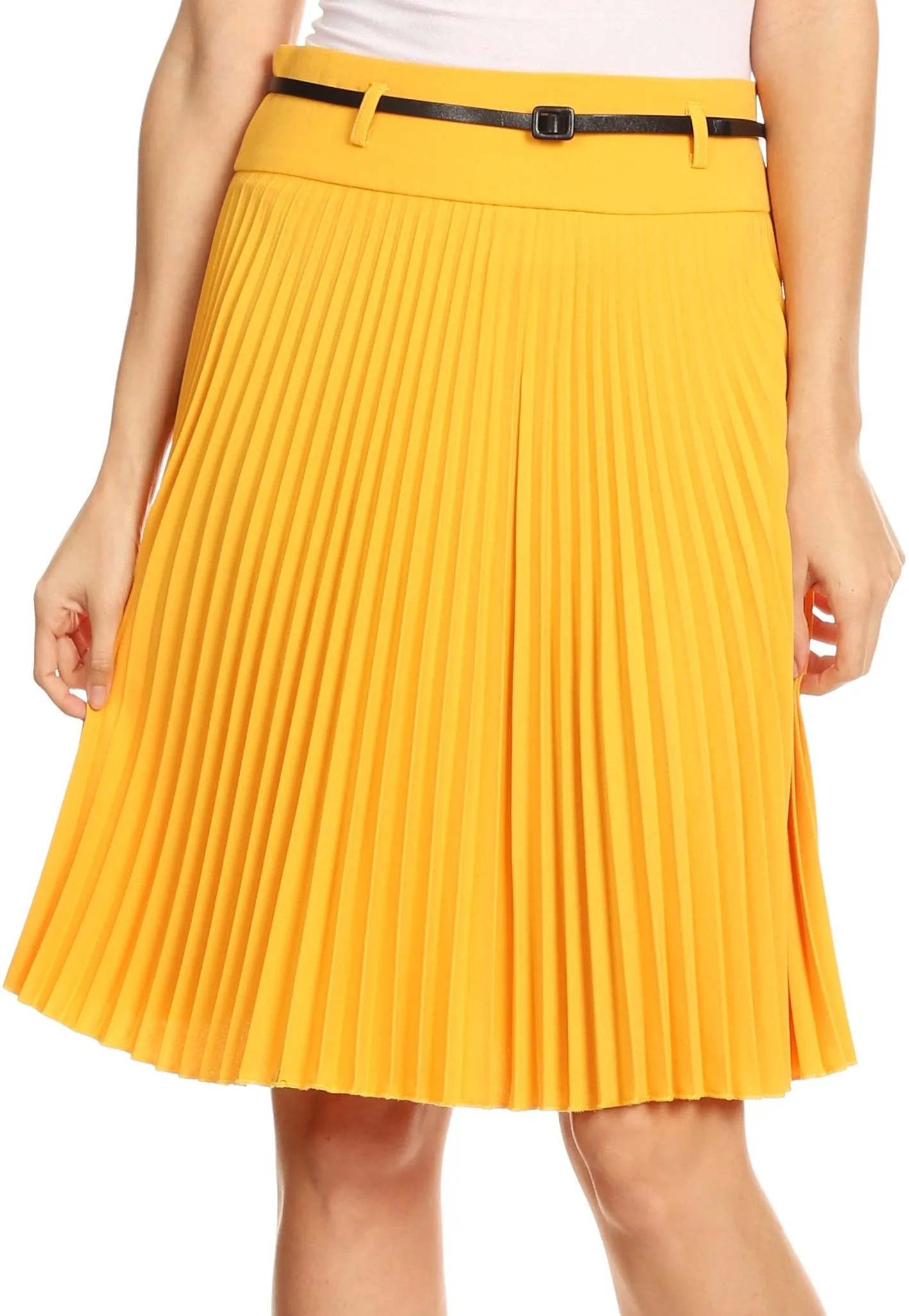 Sakkas Knee Length Pleated A-Line Skirt with Skinny Belt