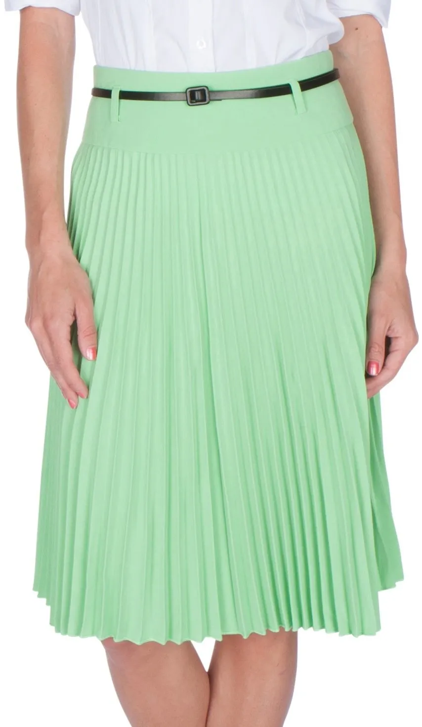 Sakkas Knee Length Pleated A-Line Skirt with Skinny Belt