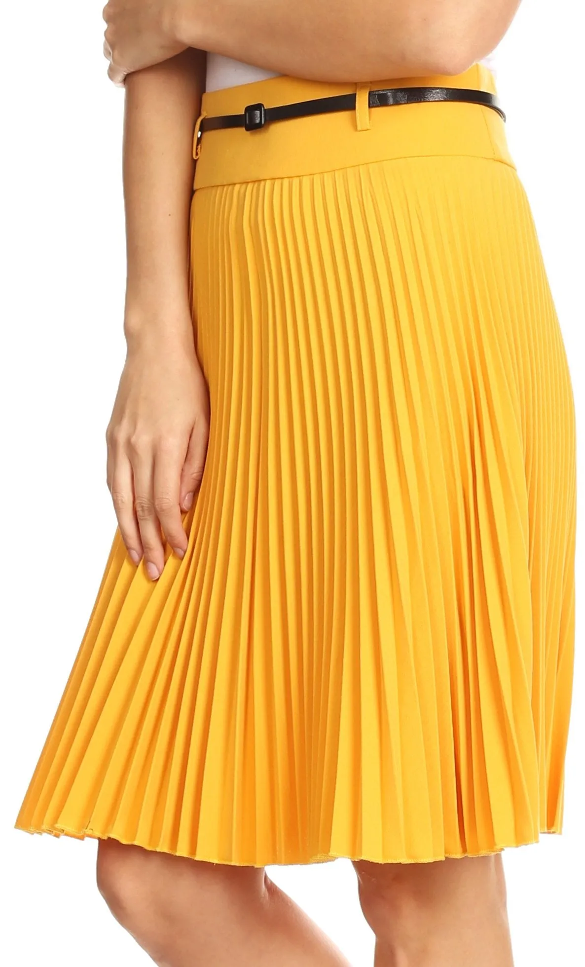 Sakkas Knee Length Pleated A-Line Skirt with Skinny Belt