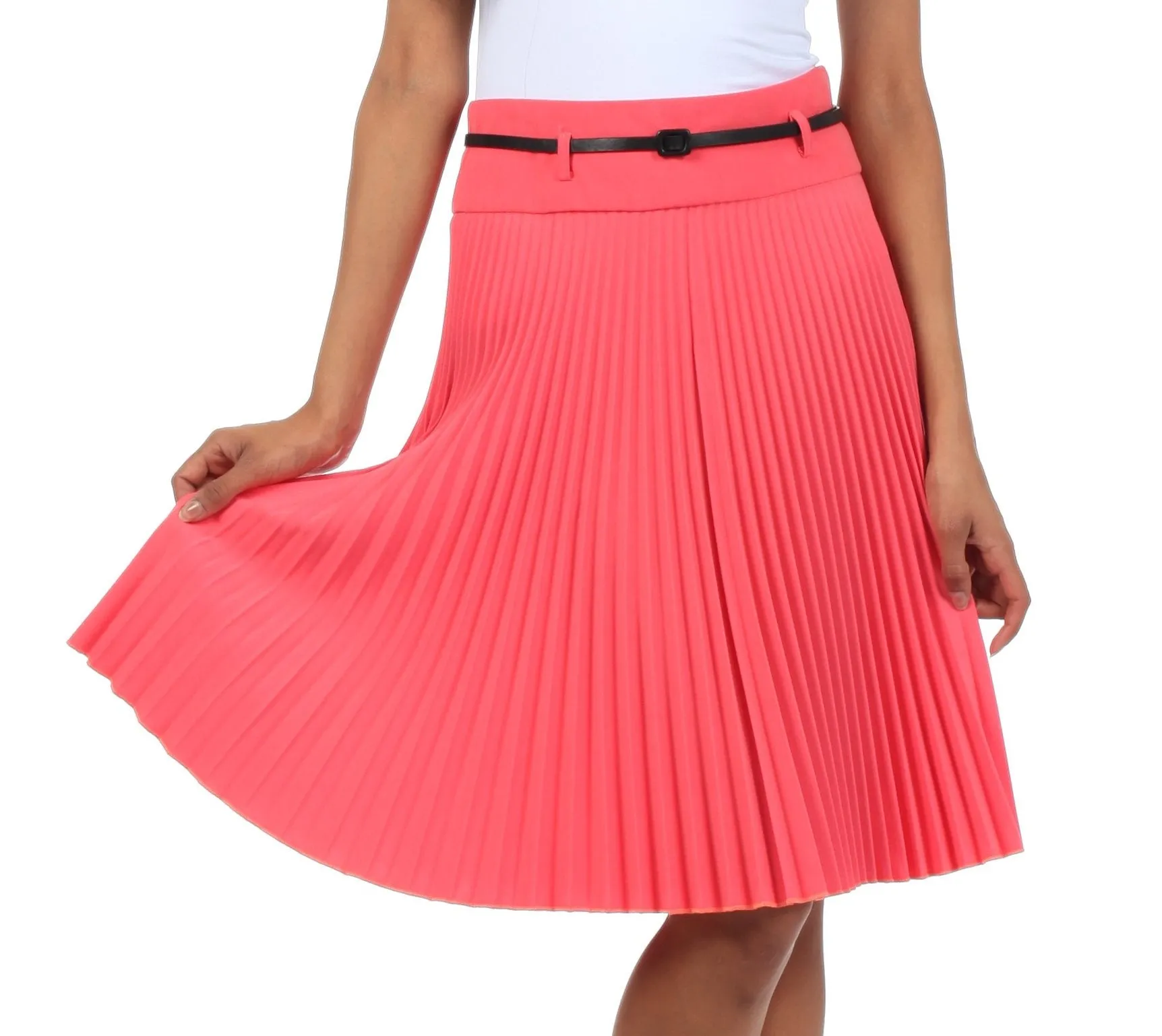 Sakkas Knee Length Pleated A-Line Skirt with Skinny Belt