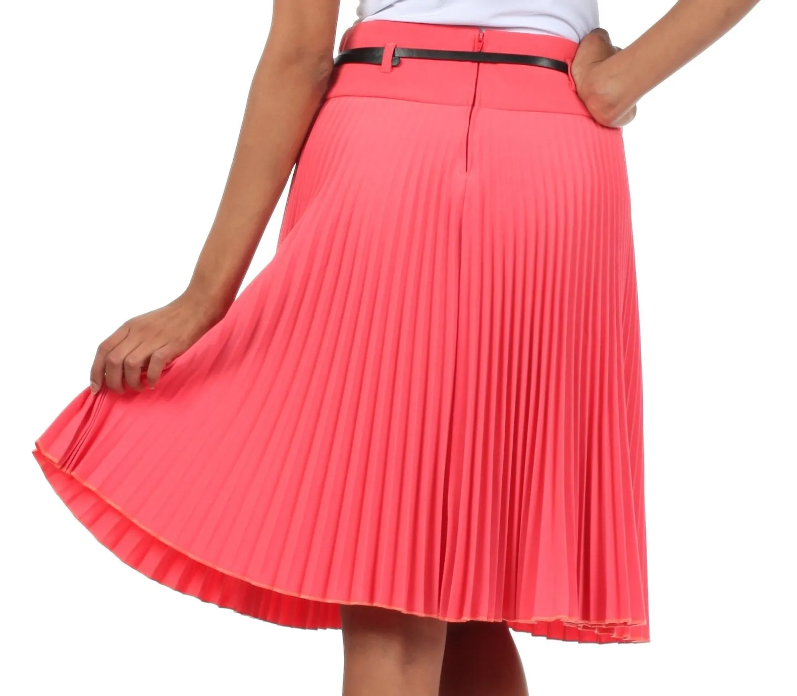 Sakkas Knee Length Pleated A-Line Skirt with Skinny Belt