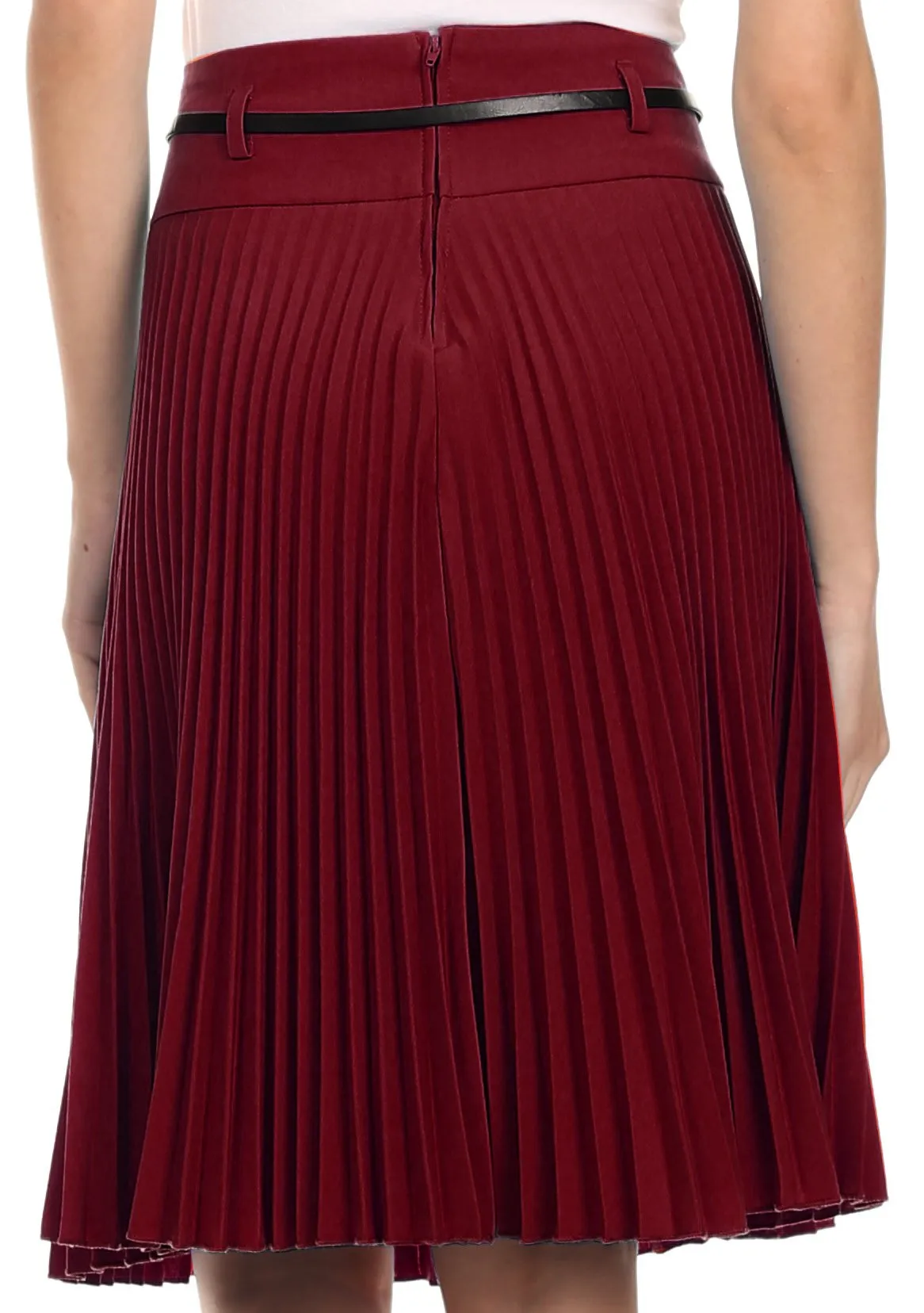 Sakkas Knee Length Pleated A-Line Skirt with Skinny Belt