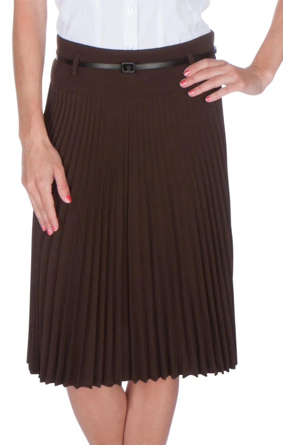 Sakkas Knee Length Pleated A-Line Skirt with Skinny Belt