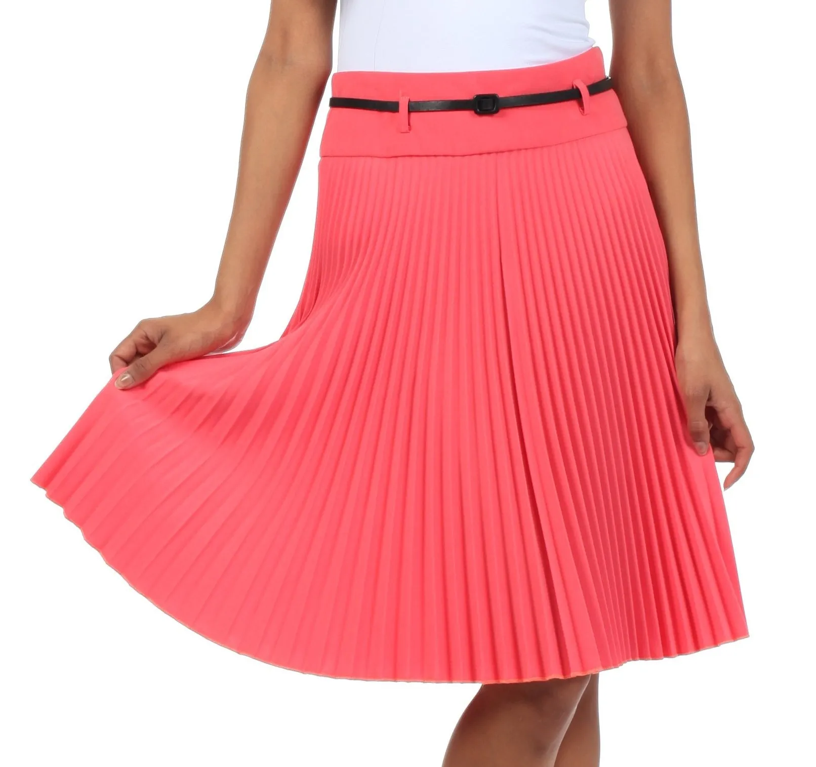 Sakkas Knee Length Pleated A-Line Skirt with Skinny Belt