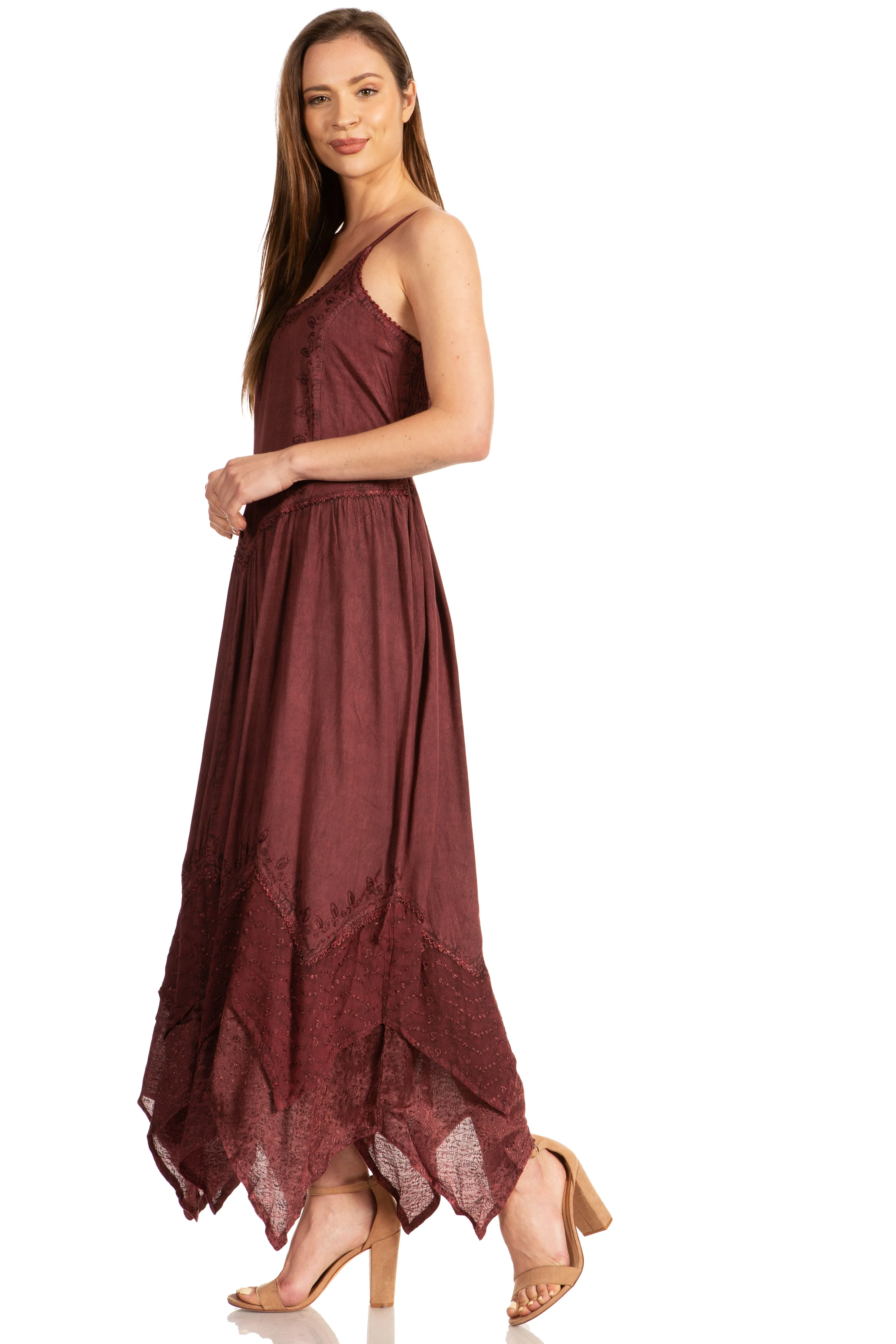 Sakkas Rayon Embroidered Stonewashed Adjustable Spaghetti Straps Long Dress