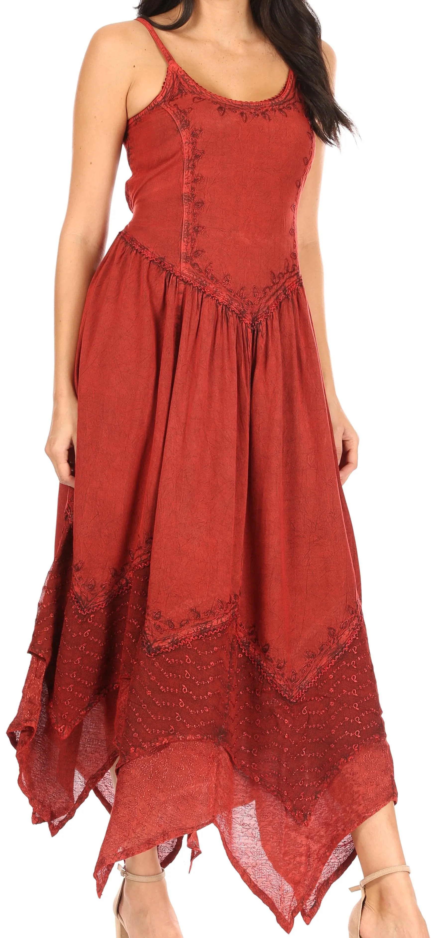 Sakkas Rayon Embroidered Stonewashed Adjustable Spaghetti Straps Long Dress