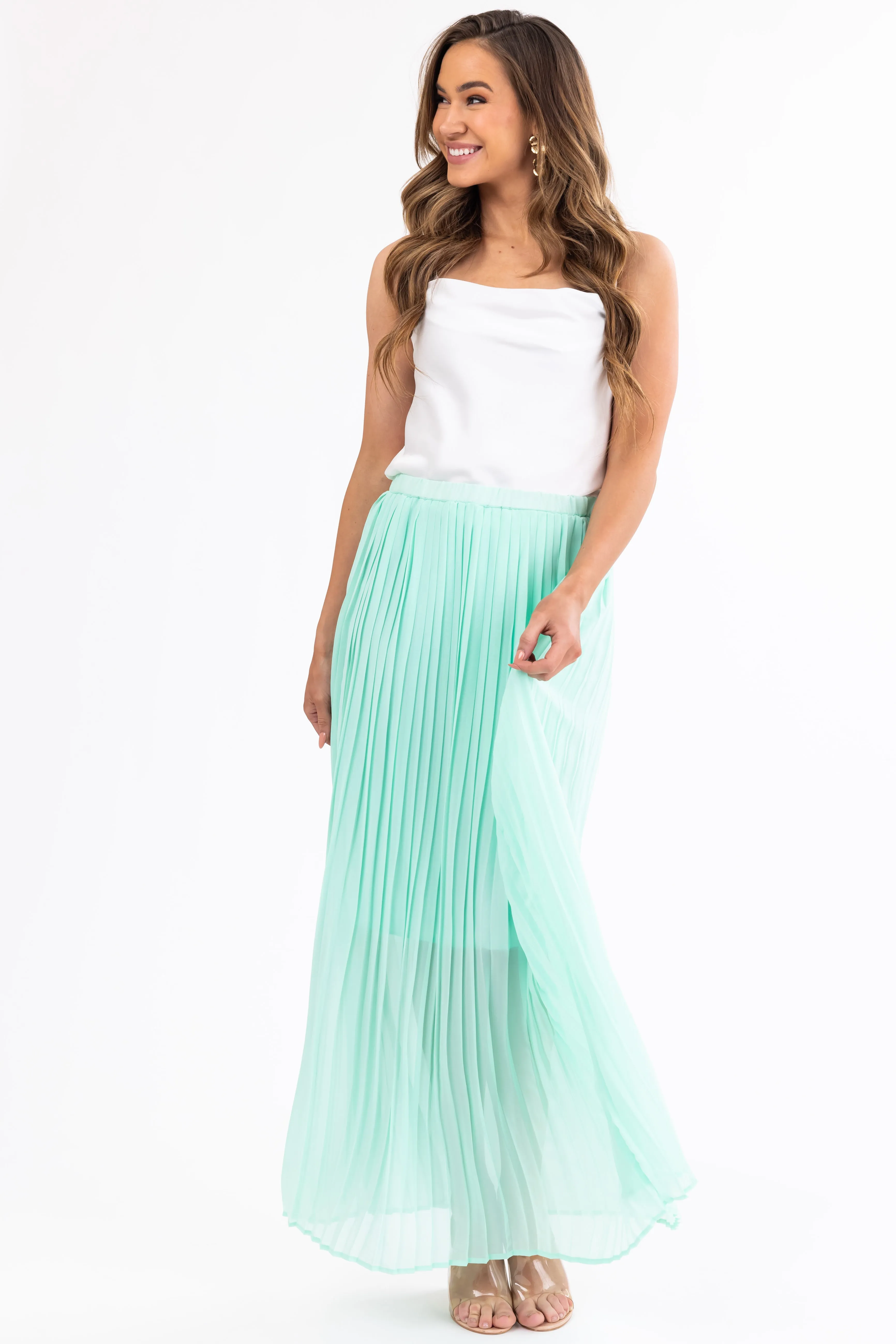 Seafoam Pleated Chiffon Elastic Waist Maxi Skirt