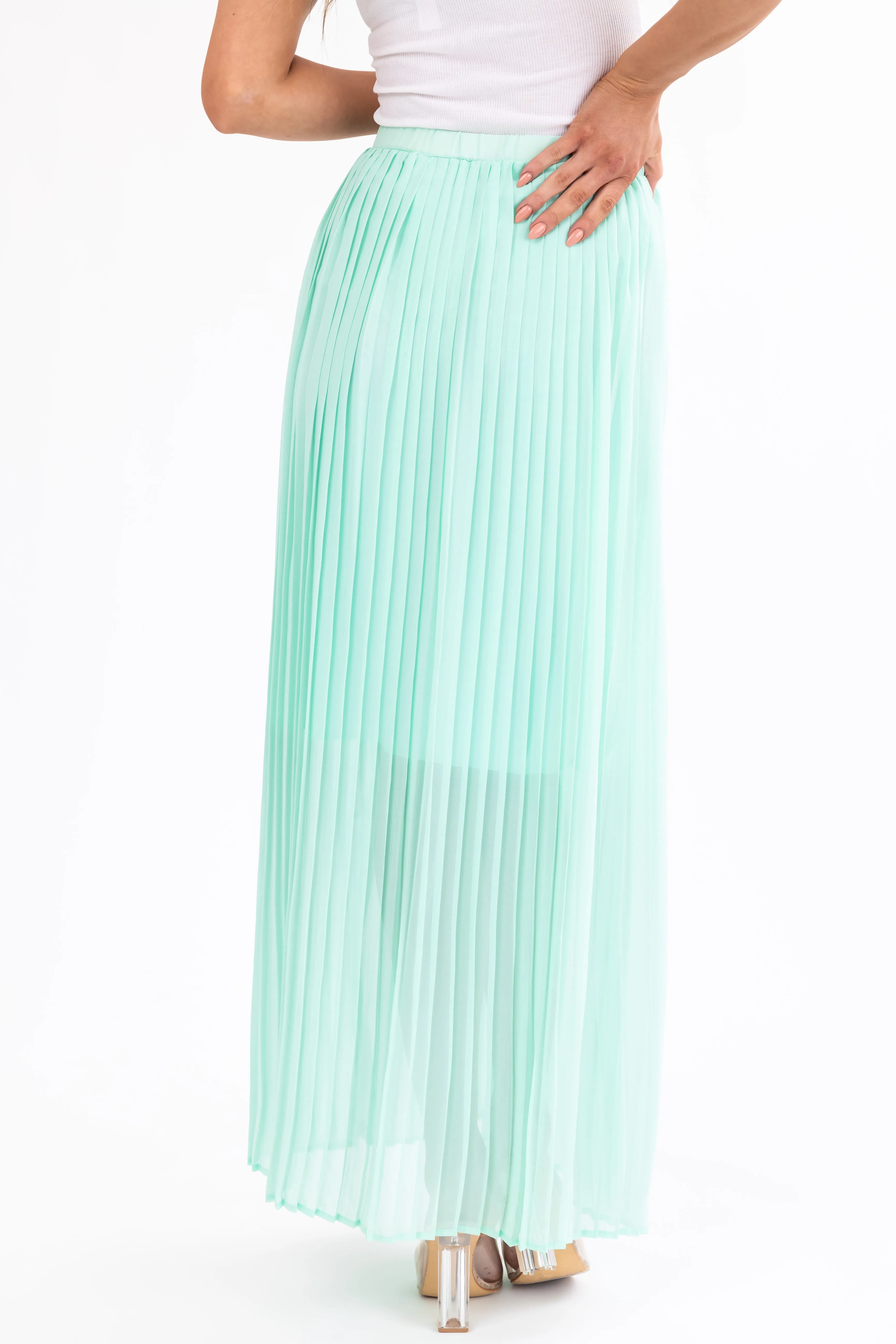 Seafoam Pleated Chiffon Elastic Waist Maxi Skirt