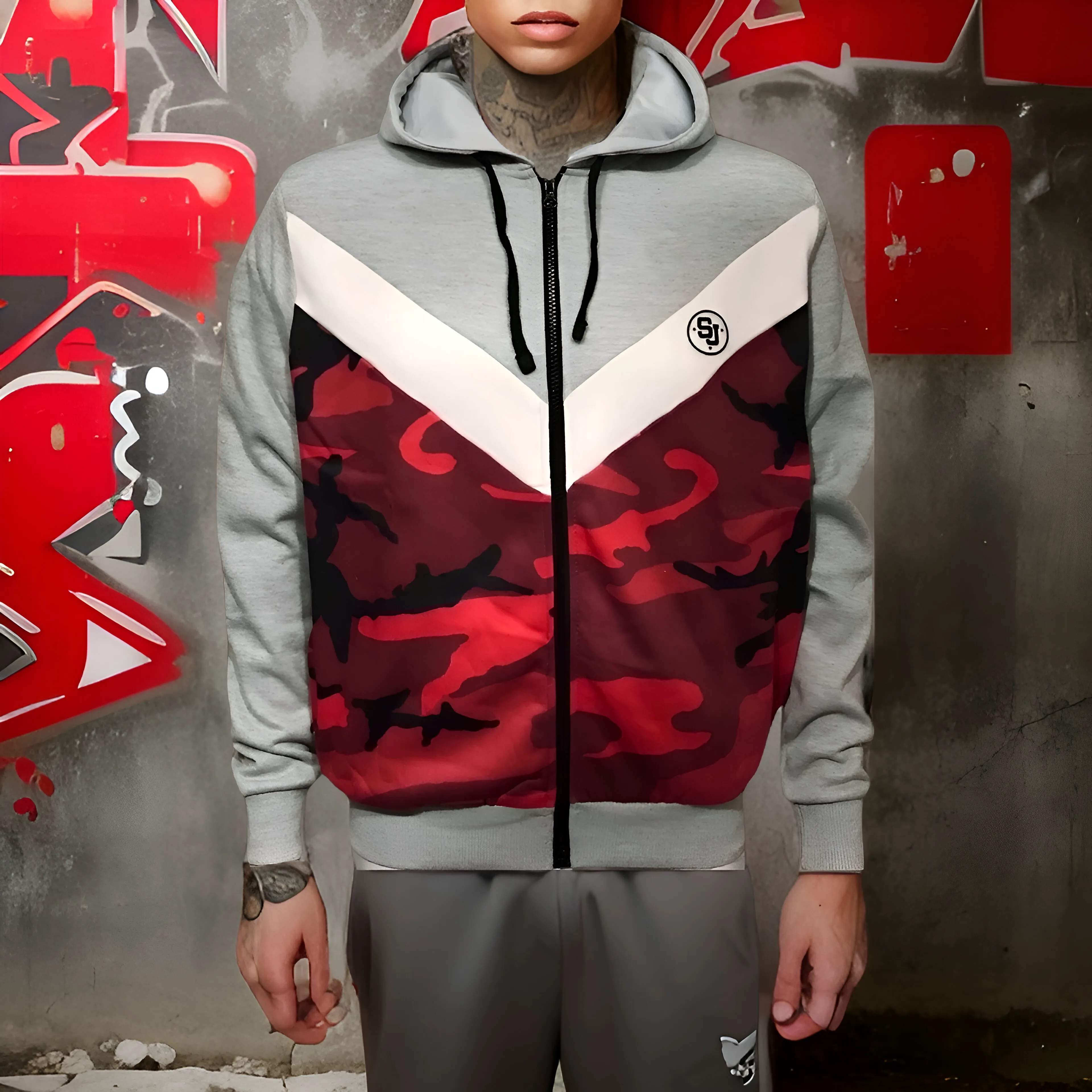 ^SEAN JOHN^ (RED-CAMO-GREY) POLYESTER HOODED ZIP UP TRACK JACKETS