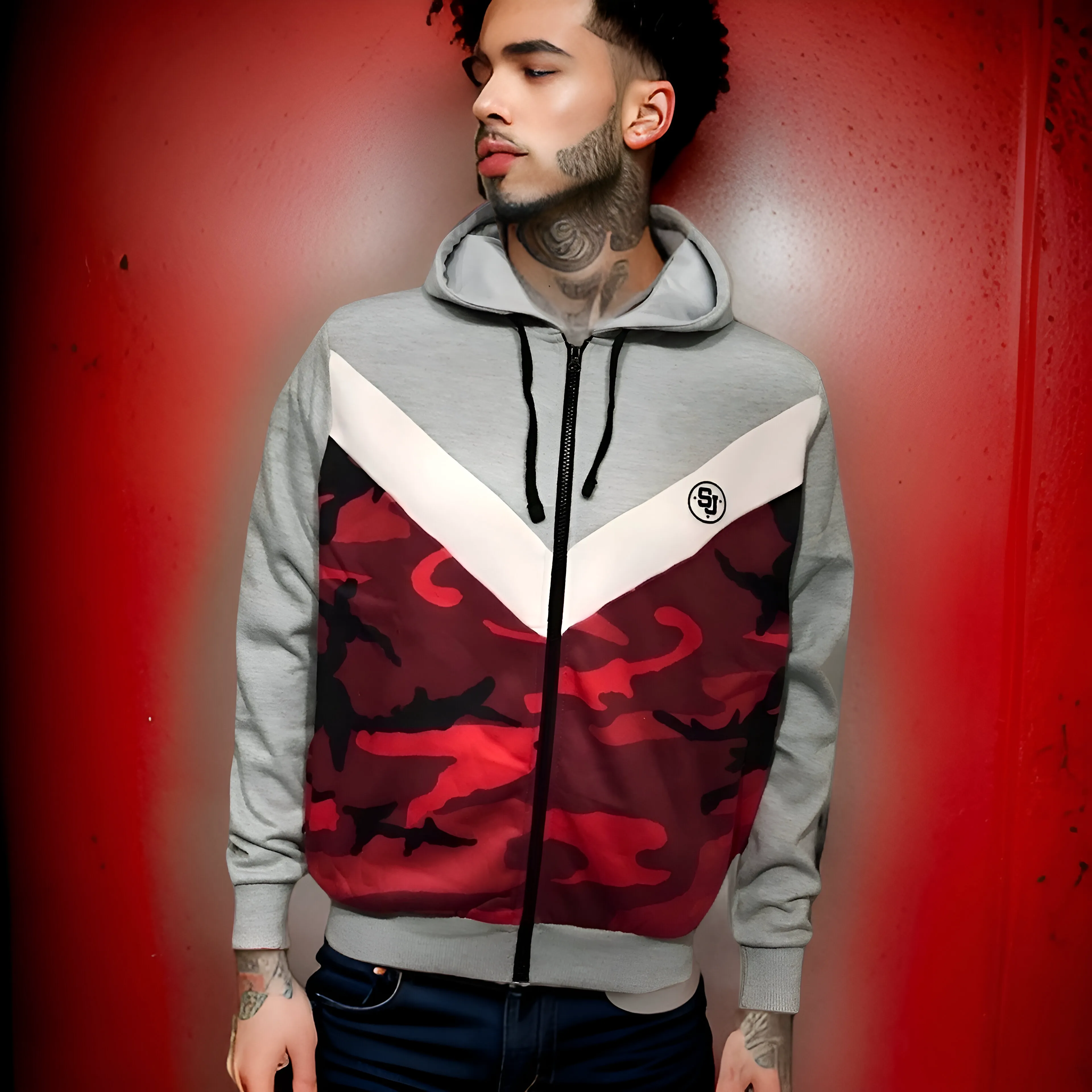 ^SEAN JOHN^ (RED-CAMO-GREY) POLYESTER HOODED ZIP UP TRACK JACKETS