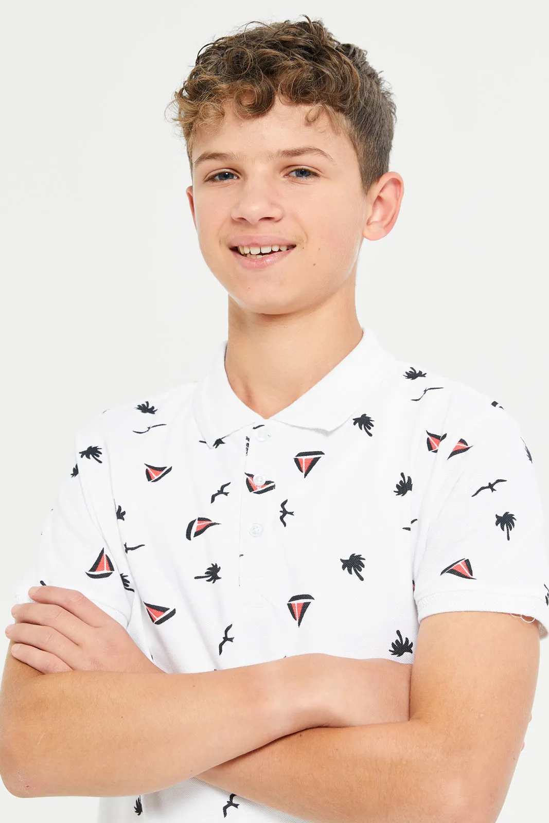 Senior Boys White All Over Printed Polo T-Shirt