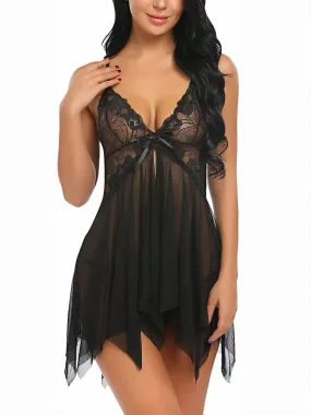 Sexy Floral Lace Guaze Babydoll Solid Color V Neck Mesh Mini Dress Chemise