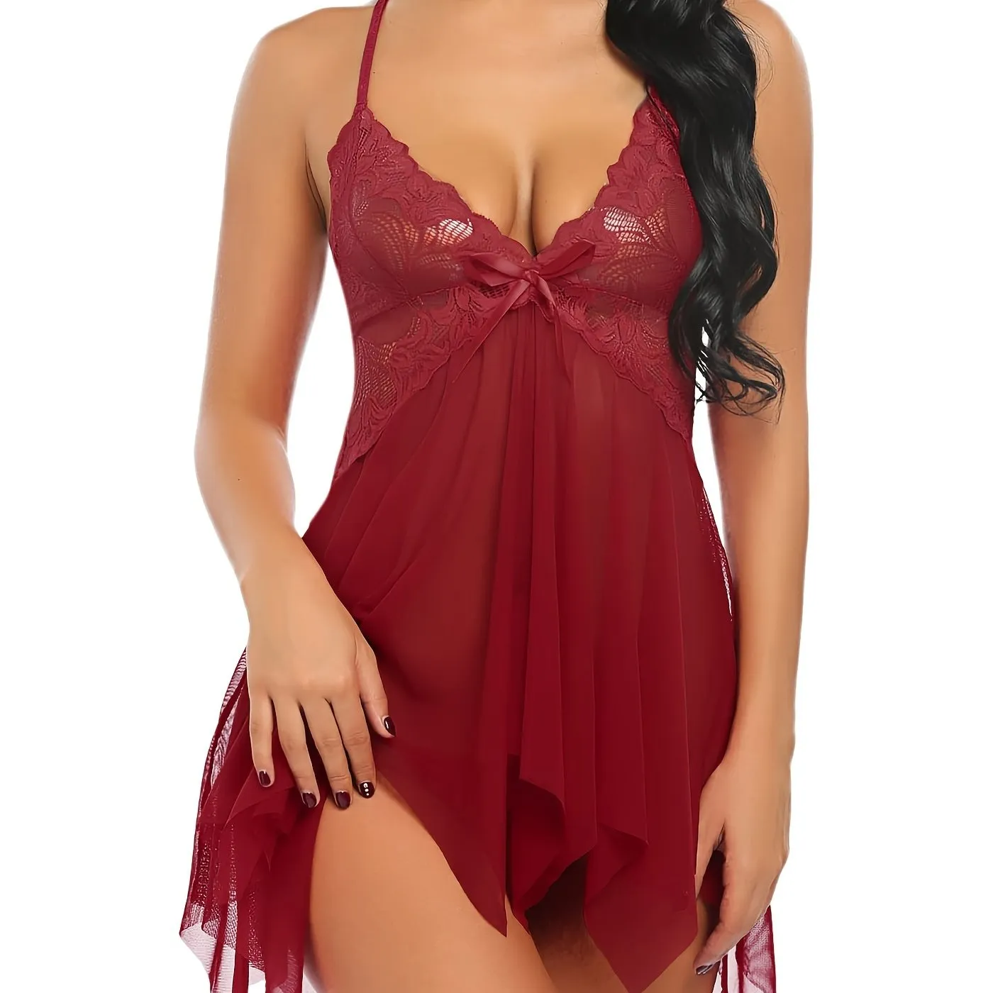 Sexy Floral Lace Guaze Babydoll Solid Color V Neck Mesh Mini Dress Chemise