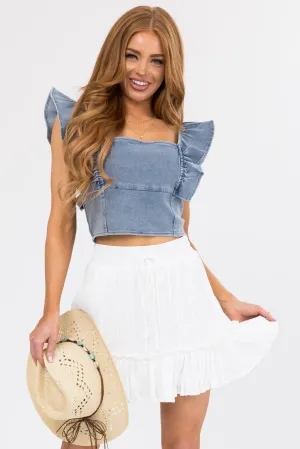 She Sky Off White Satin Pleated Ruffle Skirt