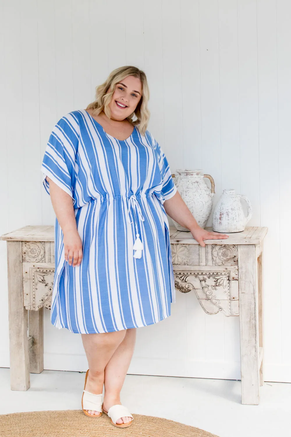 Short Kaftan Dress - Blue Stripe