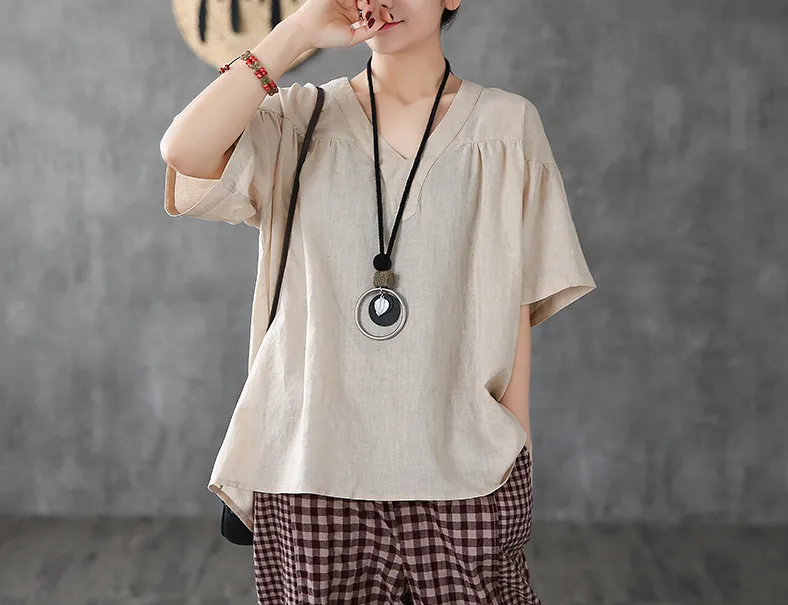 Short Sleeve Summer Women Casual Blouse Linen Shirts Tops DZA2006134