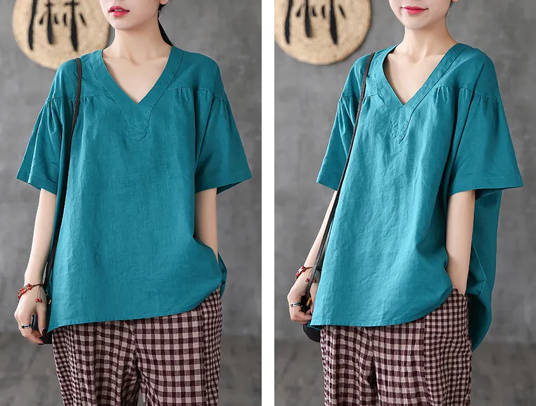 Short Sleeve Summer Women Casual Blouse Linen Shirts Tops DZA2006134