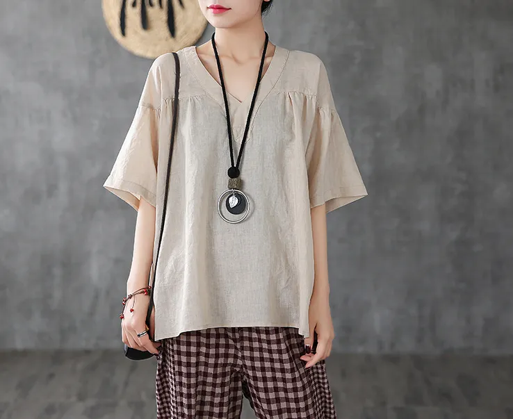 Short Sleeve Summer Women Casual Blouse Linen Shirts Tops DZA2006134