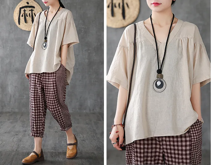 Short Sleeve Summer Women Casual Blouse Linen Shirts Tops DZA2006134