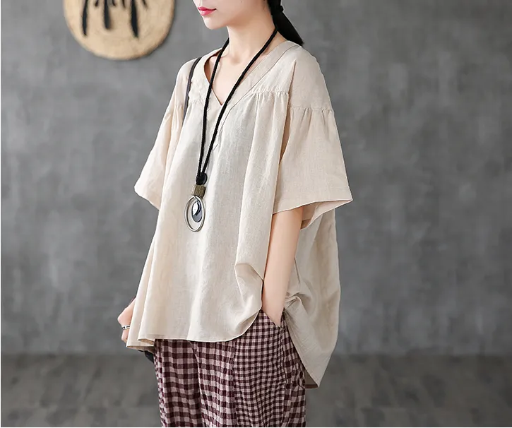 Short Sleeve Summer Women Casual Blouse Linen Shirts Tops DZA2006134