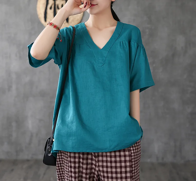 Short Sleeve Summer Women Casual Blouse Linen Shirts Tops DZA2006134