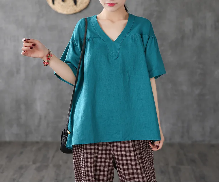 Short Sleeve Summer Women Casual Blouse Linen Shirts Tops DZA2006134