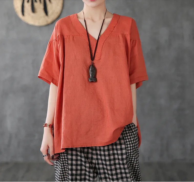 Short Sleeve Summer Women Casual Blouse Linen Shirts Tops DZA2006134