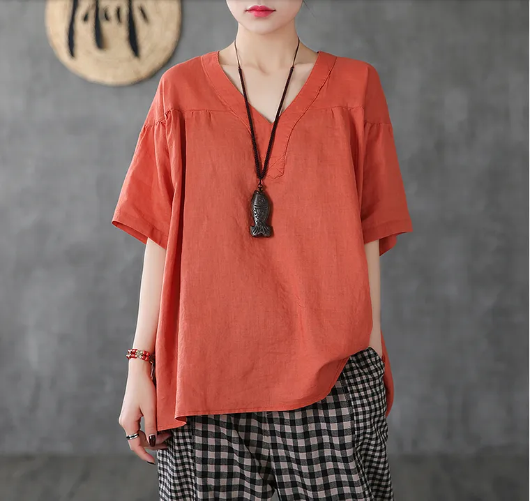 Short Sleeve Summer Women Casual Blouse Linen Shirts Tops DZA2006134