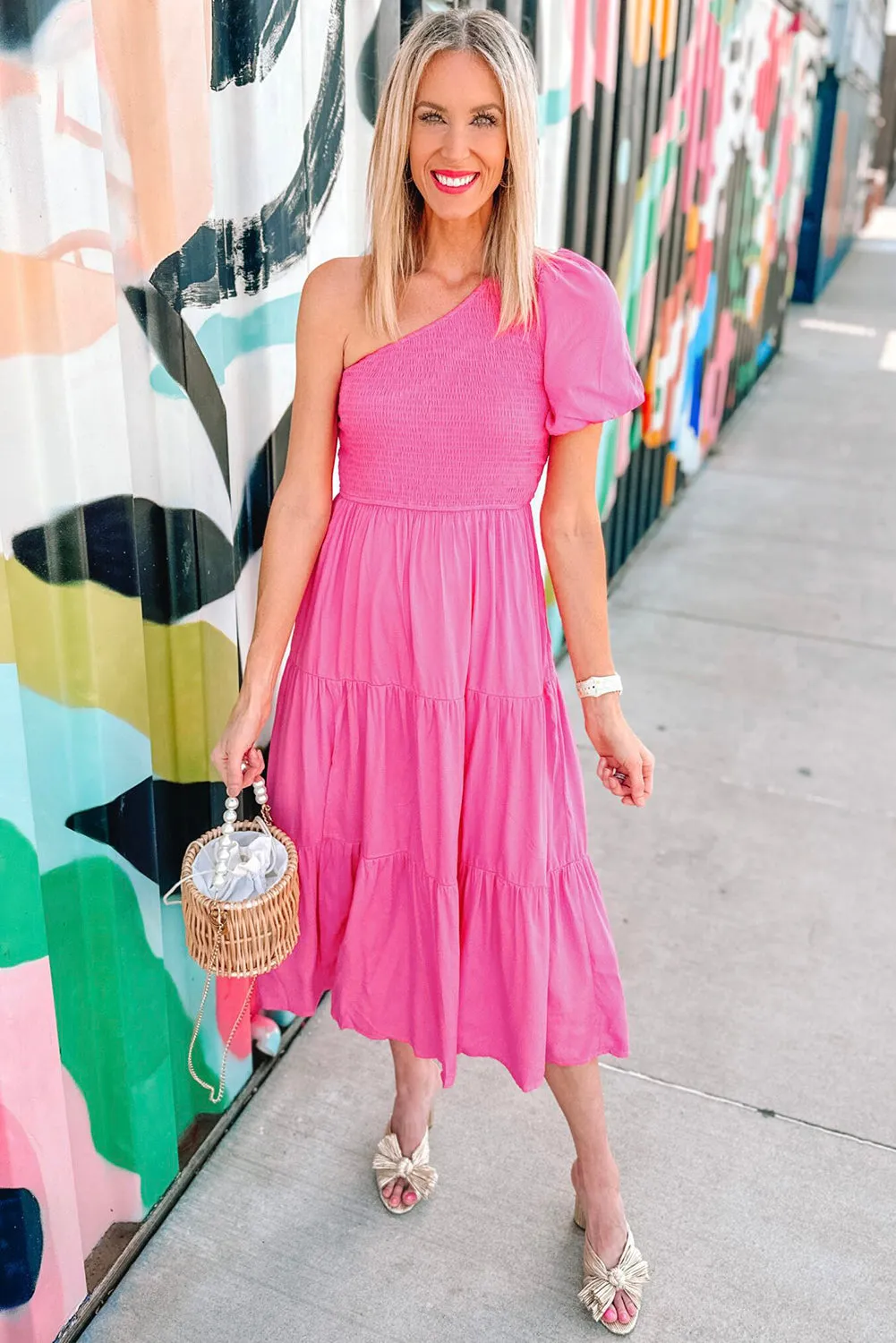 Strawberry Pink One Shouder Puff Sleeve Smocked Bodice Tiered Midi Dress