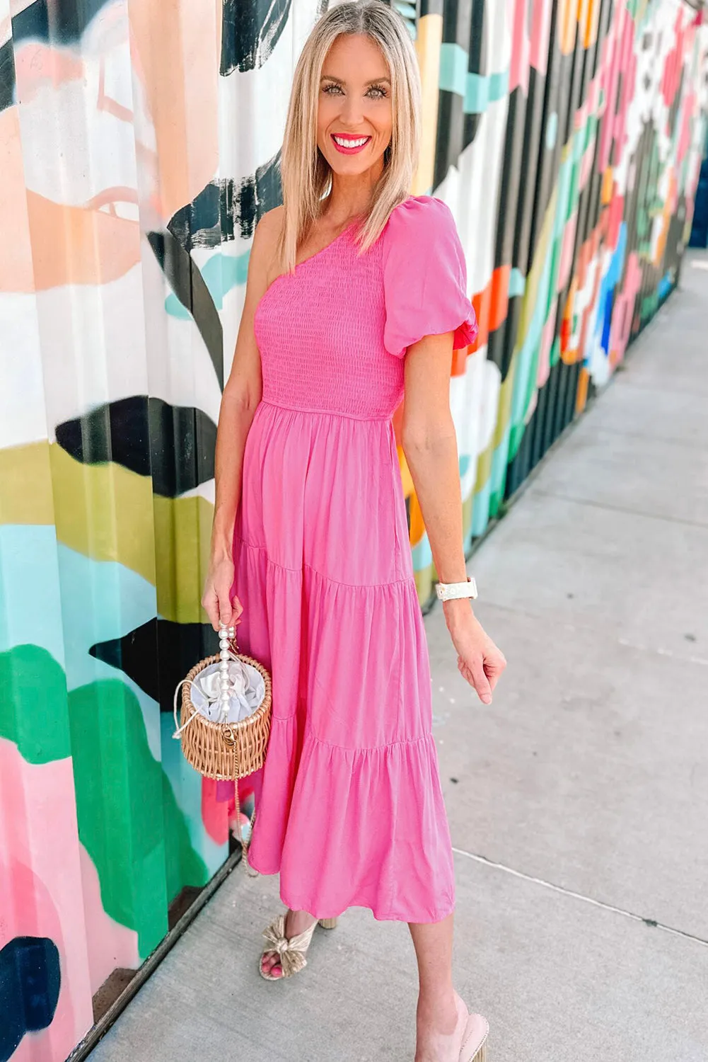 Strawberry Pink One Shouder Puff Sleeve Smocked Bodice Tiered Midi Dress