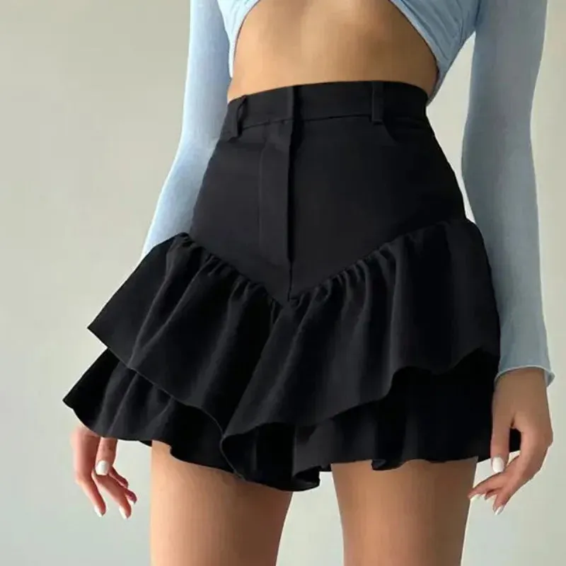 Street Waist High Casual Ruffles Slim Black Splice Folds Temperament Skirt