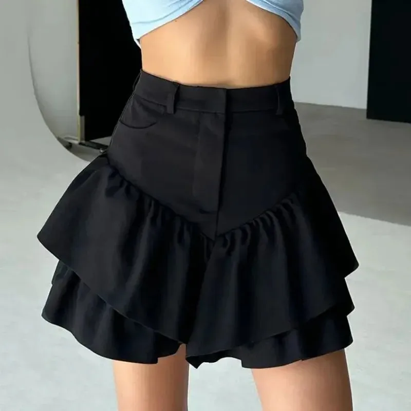 Street Waist High Casual Ruffles Slim Black Splice Folds Temperament Skirt