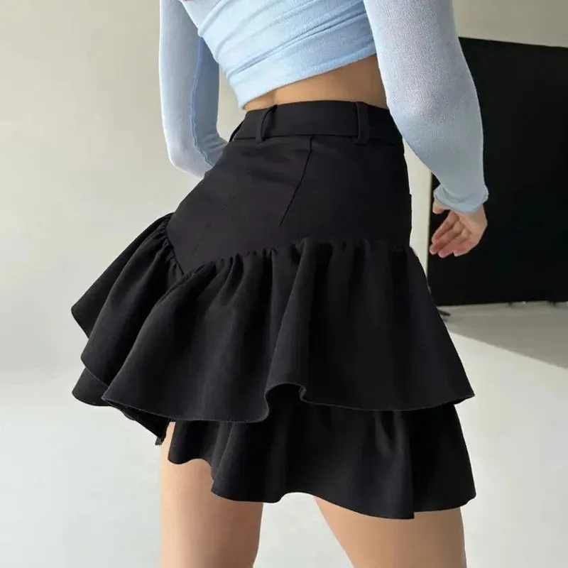 Street Waist High Casual Ruffles Slim Black Splice Folds Temperament Skirt