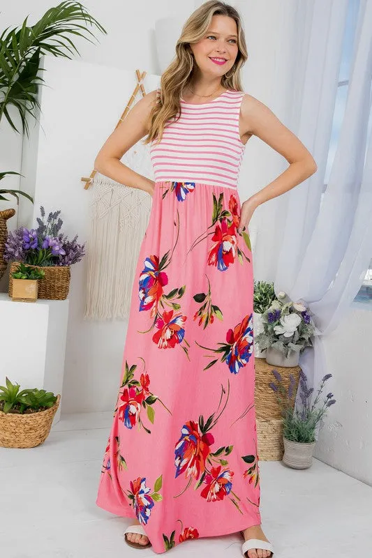 Stripe Floral Tank Maxi Dress