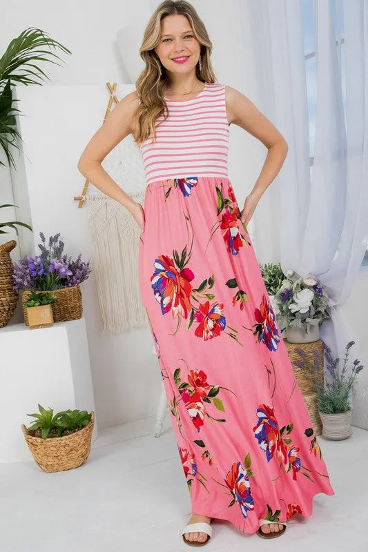 Stripe Floral Tank Maxi Dress