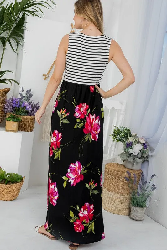 Stripe Floral Tank Maxi Dress