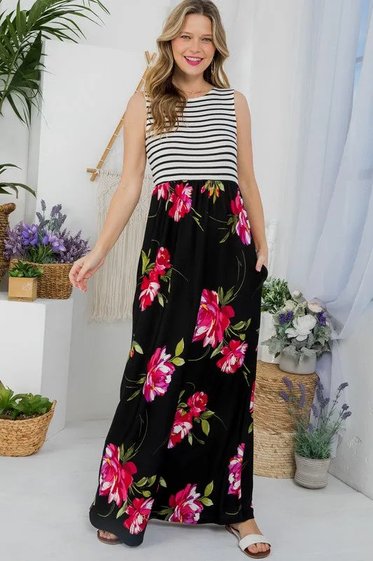 Stripe Floral Tank Maxi Dress