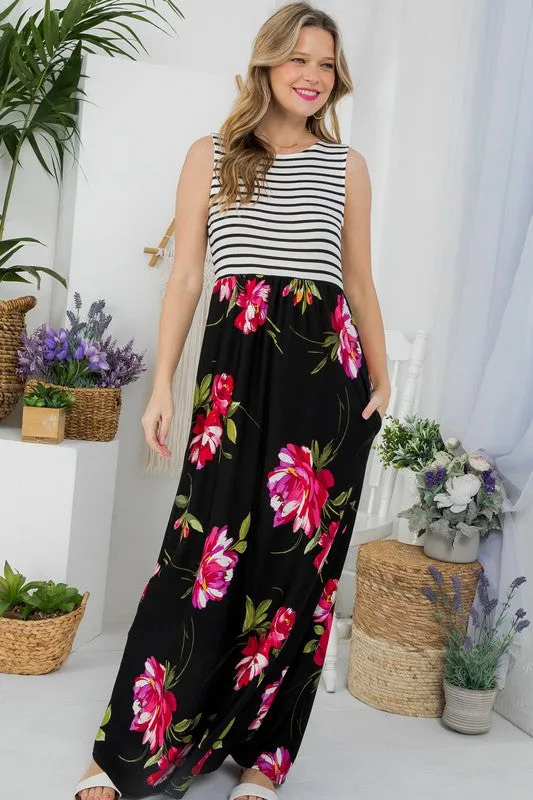 Stripe Floral Tank Maxi Dress