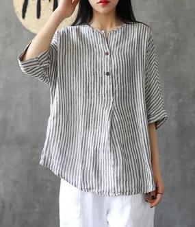 Stripes Summer Women Casual Blouse Cotton Linen Shirts Women Tops DZA2005241