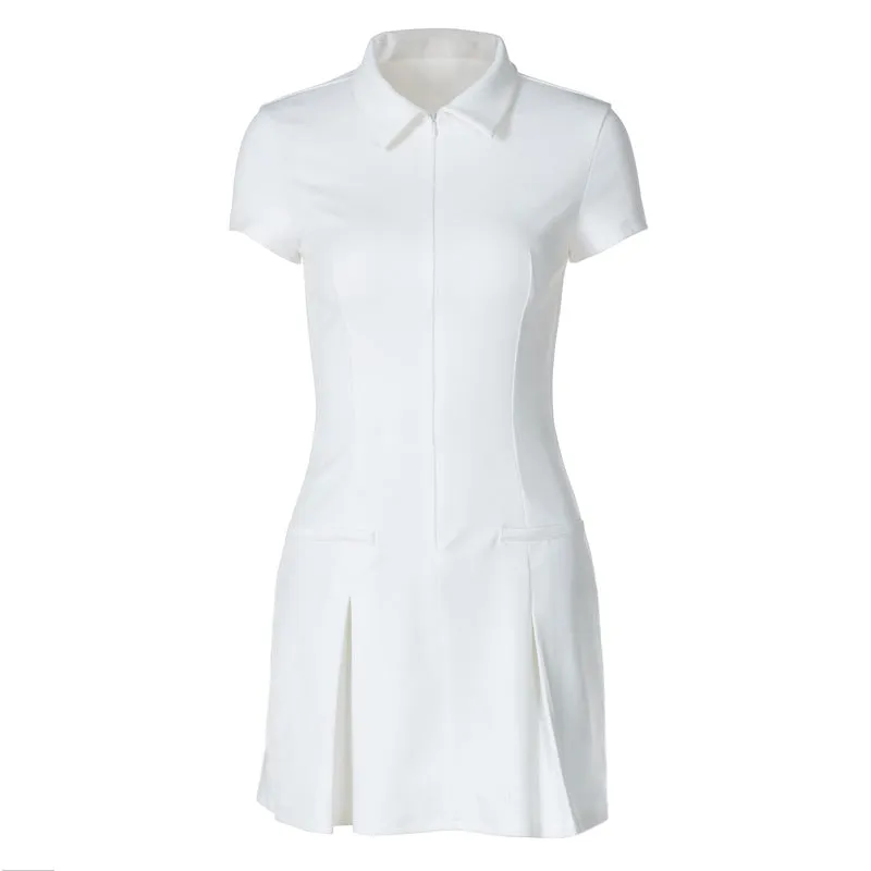 Summer Women Clothing Polo Collar Sleeveless Waist Slimming Pleated Dress