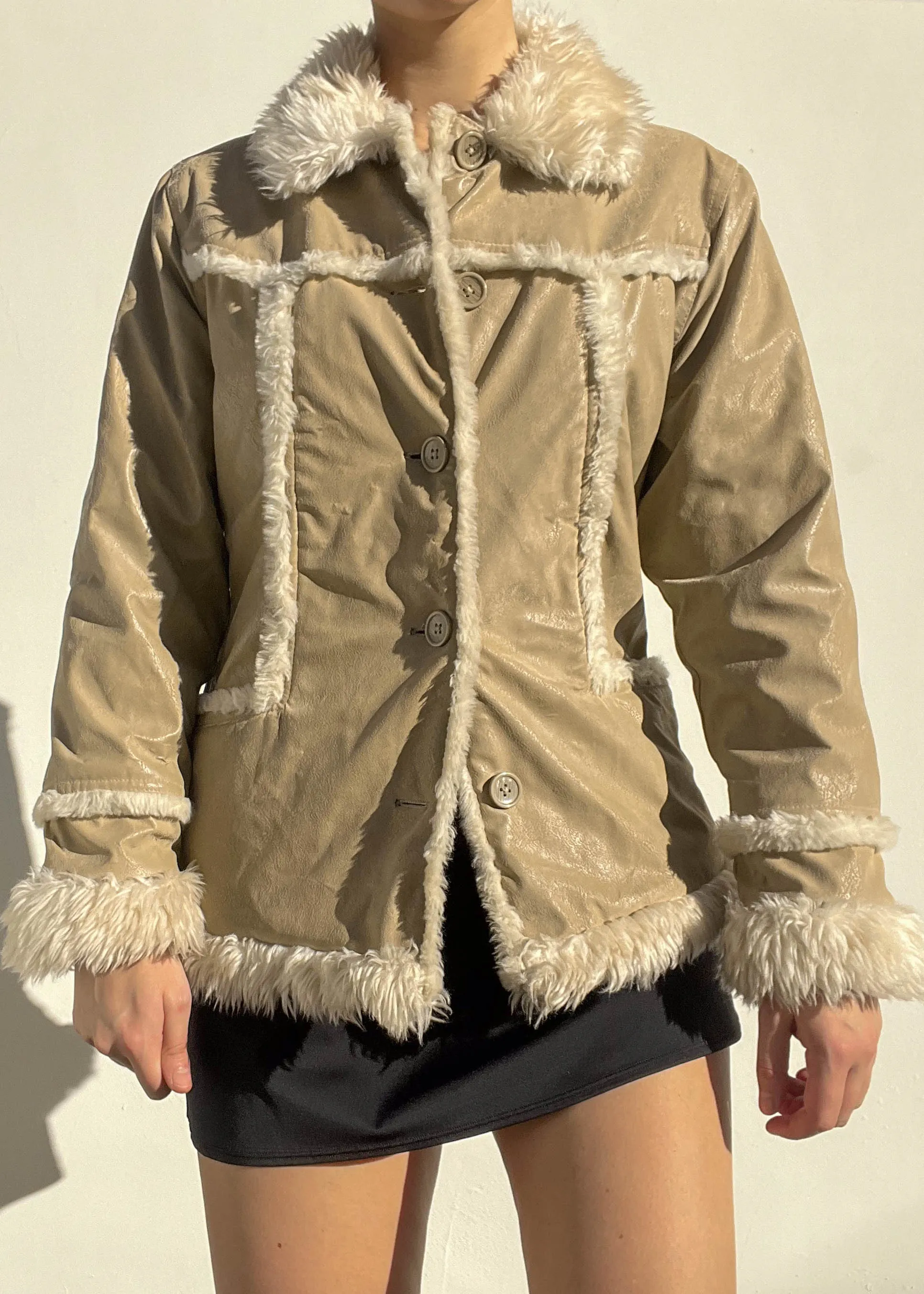 Tan & Beige Fur Trim Coat (S)